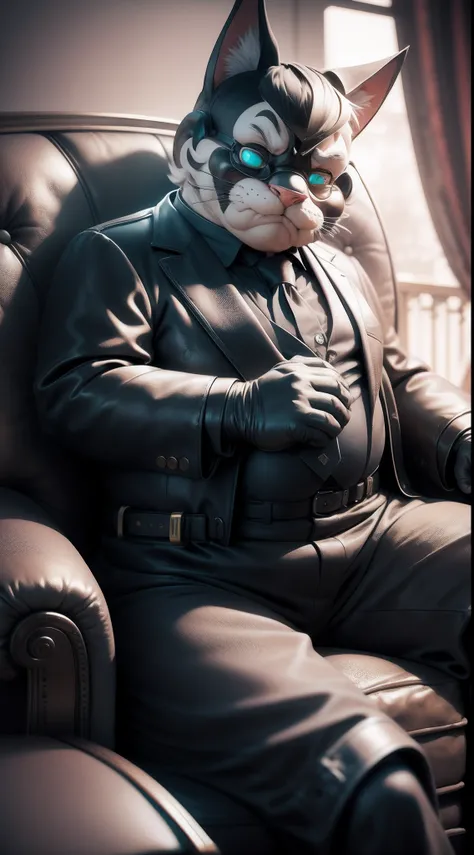 Old fat godfather mafia tomcat sitting in leather armchair, 3D video rendering, pixar character