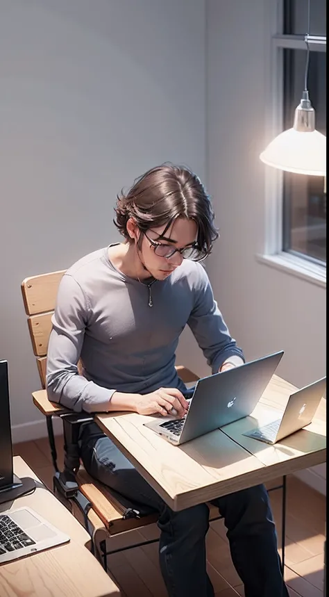 Flat 2D illustration of a man using a laptop on a table, in his home, sitting on a chair, minimalistic, vector art, white background, white space –ar 16:9  -imagine --auto --s2