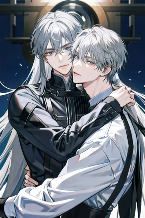 （There were only two men）Man with gray hair，Hug another man with long hair。two men embracing