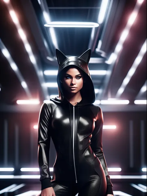 "a human-cat hybrid wearing a sleek black hoodie, striking dynamic poses on a modeling stage, set against the perfect lights, un...