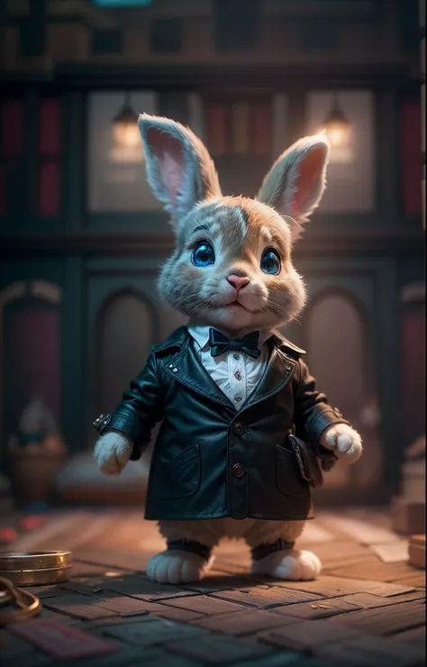 cut little fluffy Bunny cub dressed up as sherlock holmes, blue eyes, investigating a crime, pixar-style, ultra detailed, old london background, animated film, realistic lights, cinematic, studio photo, vivid colors, realistic lights, cinematic, sharp focu...