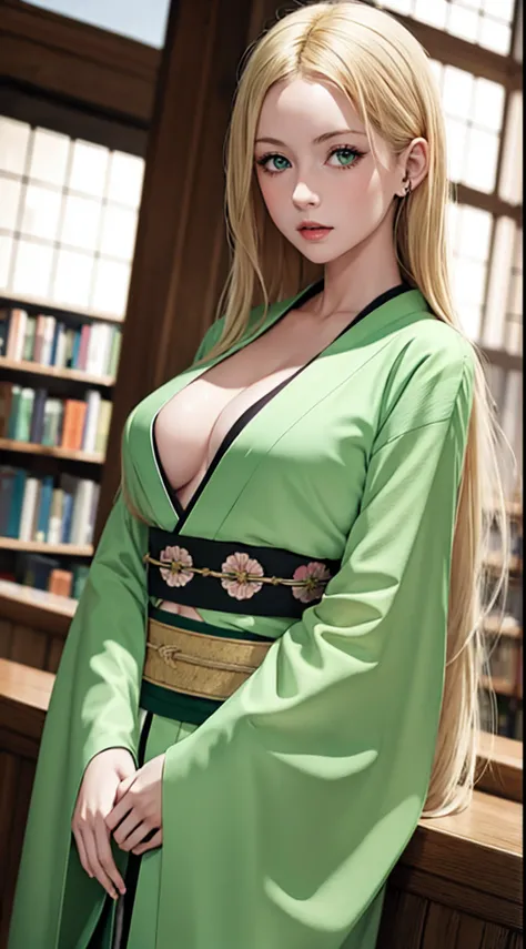 masterpiece, best quality, 1girl, library, (protruding strand) , bar , green eyes , blond hair, green eyes, Kimono, pub