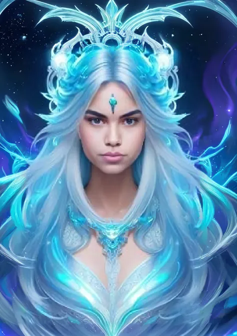 a woman with blue hair and an aunt on her head, Feiticeira do Gelo, estilo de arte de fantasia, Bruxa Frost Antiga Bonita, Rainha do gelo e da tempestade, mystical atlantean valkyrie, Mago Celestial Lindo, Epic fantasy art style, epic fantasy HD art style,...