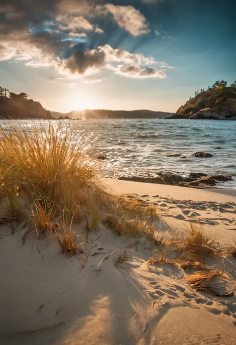 a bunch of grass sitting on top of a sandy beach, by Andrew Domachowski, captured on canon eos r 6, fall season, sparkling cove, on a bright day