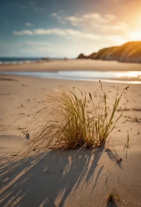 a bunch of grass sitting on top of a sandy beach, by Andrew Domachowski, captured on canon eos r 6, fall season, sparkling cove, on a bright day