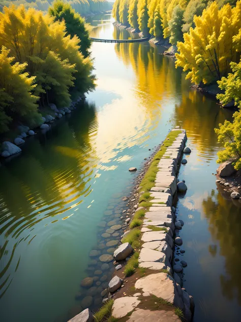 (golden theme，Colored river water，Artistic sense，Simple)