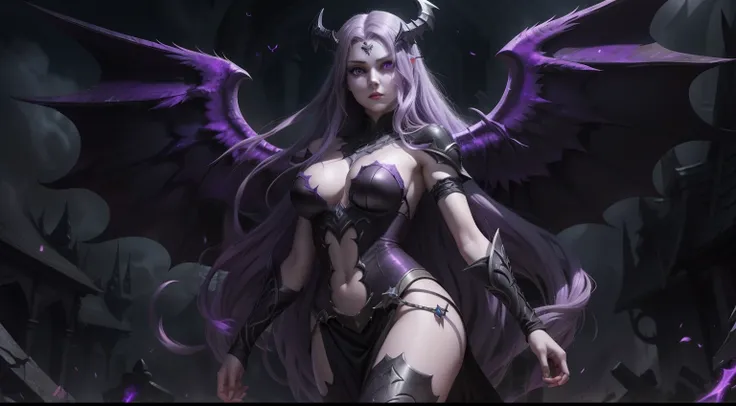 Morgana league of legends, deadly pale gray skin, grey skintone, dead skintone, long purple hair, purple eyes, cursed, huge black angel wings, purple magic orbs, grey skin color