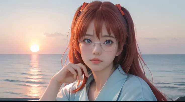 (8K, Raw photo, Best Quality, masutepiece:1.2), (Realistic, Photorealsitic:1.4), (Highly detailed CG Unity 8k wallpaper), (1 girl:1.5), (Realistic hands), (detail hands), (detail finger), (Beautiful sunset on the coast), Japan Beauty, (Light blue clothes: ...