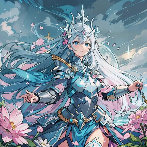 HD original art level、best rendering、Female protagonist、Blue flowing hair, flowers on head, blue eyes, star details, star earrings, goddess、Pink and Silver armor、Bring a helmet、Clear detail throughout HD in high definition、The fog is shining、Pink magic aur...