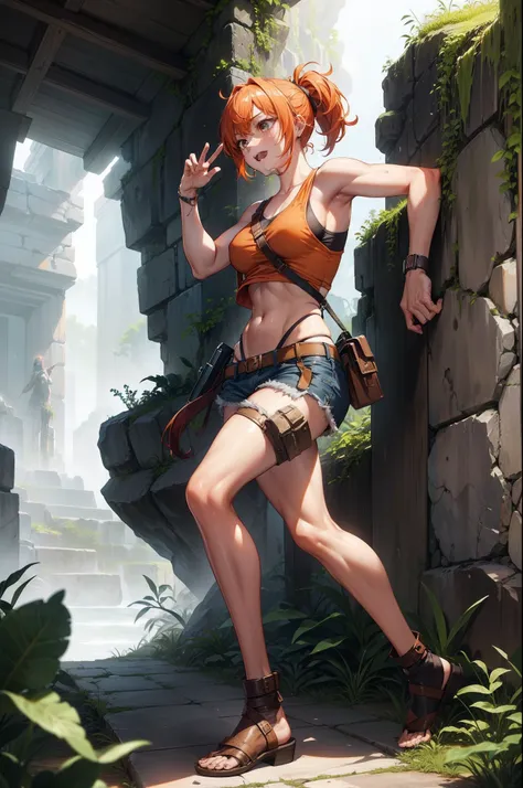 Tank top, Shorts, orange color hair, (ancient ruin:1.1),Adventurous woman, (Avoid traps:1.1), Pistol holder on the thigh, Khaki backpack, hair tied, dense woods, subtropical, machete, Treasure Hunter, Fuji Film, F/1.2, (16 K, 8K, awardwinning, Best Quality...