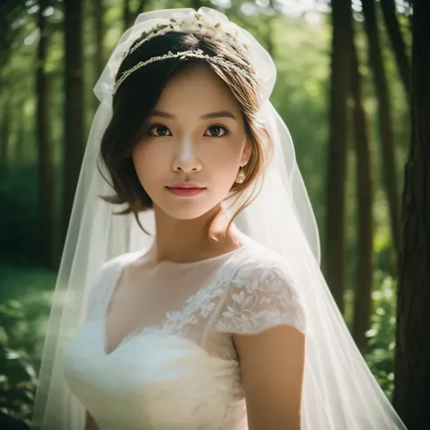 (Shoot from head to toe, Artistic perspective: 1.6)、Portrait of the bride, Finished with multi-layered A-line ruffles and delicate floral and patterned embroidery.Hobbit Wedding. Church in the forest. The sun shining through the woods illuminates the bride...