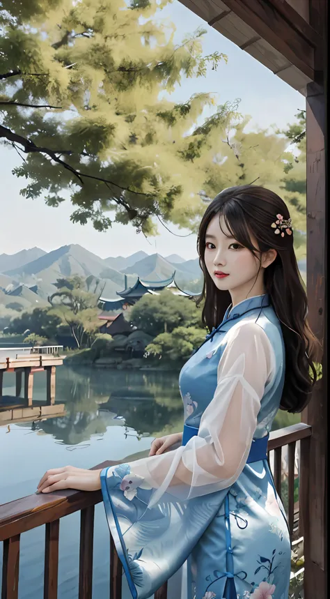 Chinese beauty standing by the river，中景 the scene is，（Wearing a gorgeous pink cheongsam:1.2)，Lightweight and silky fabric((on cheongsam))，Flowing silk，（Detailed and perfect facial details），（Beautiful and affectionate eyes），Flowing silky hair，Pavilion，the t...