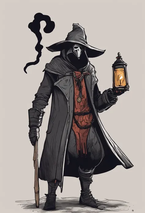 inspirado em Bian Shoumin，(master part, a melhor qualidade), Um alquimista com, Potion bottles，plague doctor, vestido com um casaco preto，Roupas pretas，with hood and mask of plague doctor, bem na nossa frente, bonito estilo de pintura japonesa，quadratic el...