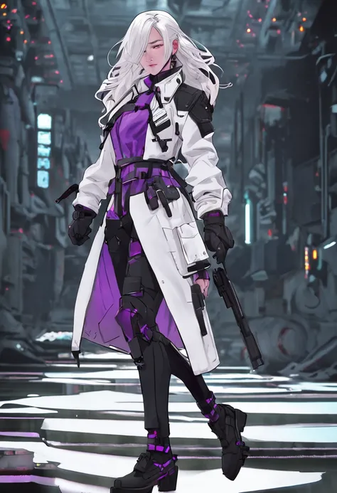 Two-dimensional woman，Long white silky hair，Bright purple pupils，White trench coat with black hard vest armor，The tactical belt hangs with black pockets，Black slim pants，Leggings，A pair of black tactical high-top boots，4k高清