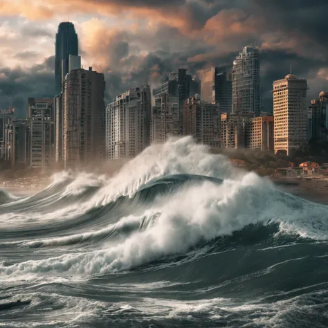 Create a cinematic cityscape，Features towering tsunami waves crashing into the city skyline. The lens should capture the absolute power and destructive power of the wave, The building in the foreground is partially submerged, debris flying, And the feeling...