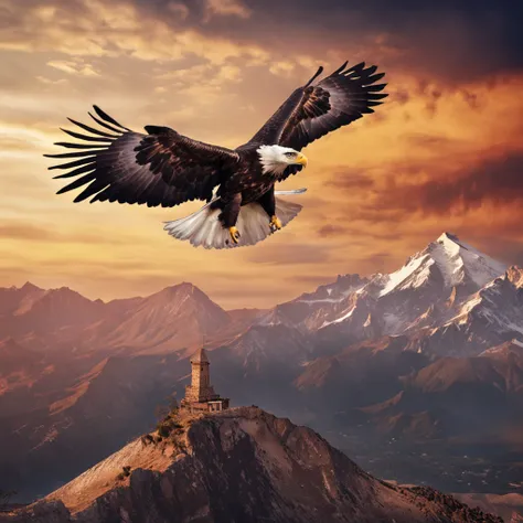 (((Create a masterpiece of a great eagle))) gracefully flying in the sky, (((com asas majestosas em movimento))), against the breathtaking backdrop of the horizon, emergindo do pico do Everest.