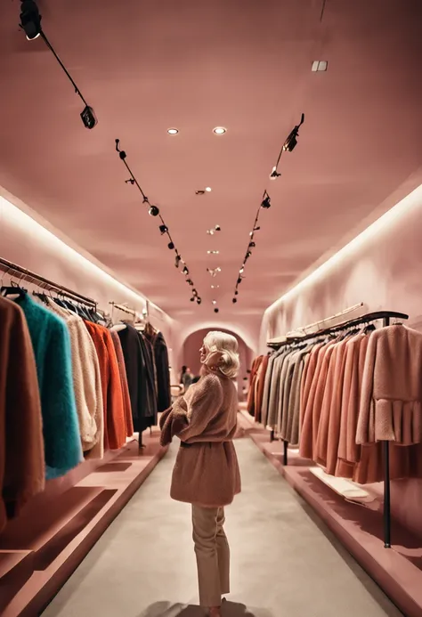 Woman admiring showcase with various luxury clothes