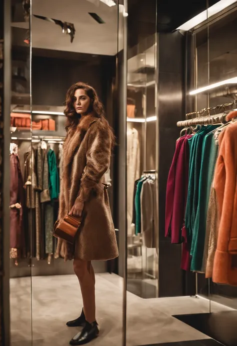 Woman admiring showcase with various luxury clothes