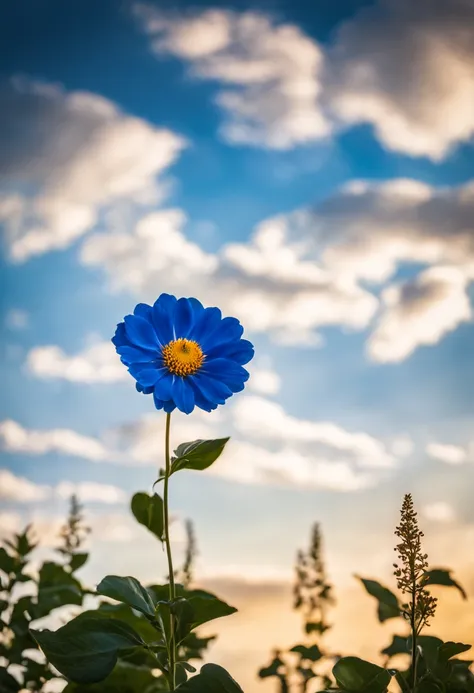 A solitary flower and blue sky with cloud fillets