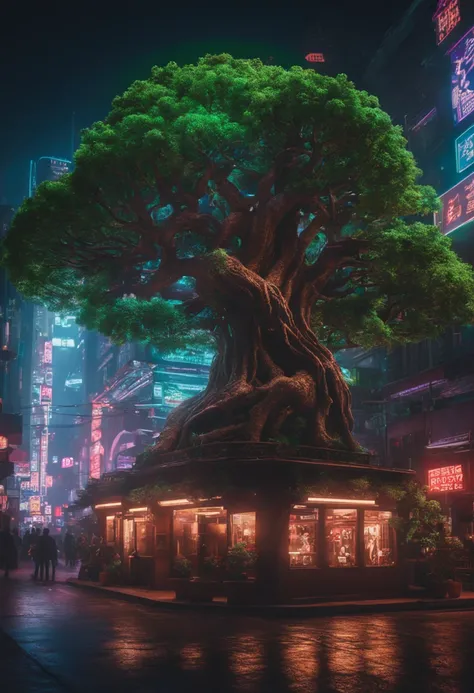 A towering cyberpunk bonsai tree building stands in the heart of a bustling metropolis, Its intricate branches are illuminated by the neon lights of the city.