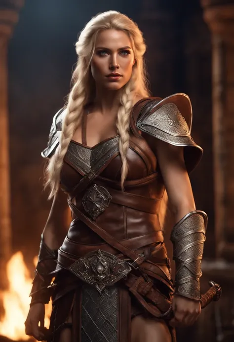 Maiden barbarians in Dungeons & Dragons, Blonde hair with long braids, Full body leather and fur armor without metal, Holding a spear, Big muscles, DnD, in the style of realistic and hyper detailed renderings,dungeons and dragons, 8K, Detailed eyes, Perfec...