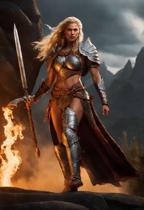 Maiden barbarians in Dungeons & Dragons, Blonde hair with long braids, Full body leather and fur armor without metal, Holding a spear, Big muscles, DnD, in the style of realistic and hyper detailed renderings,dungeons and dragons, 8K, Detailed eyes, Perfec...