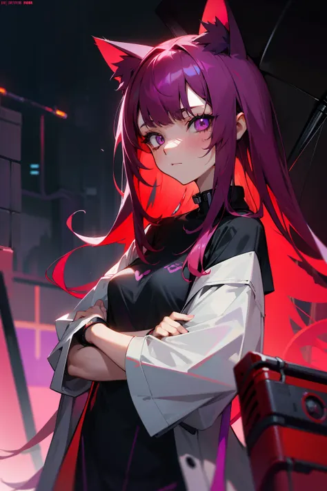 one-girl,cat ear,red tinted hair,Purple eye,raincoat,T-shirt,cyber punk perssonage,废墟,Meticulous facial portrayal,full bodyesbian,tmasterpiece,Sateen