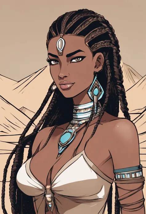 (melhor qualidade), anime style, mulher negra, ((pele muito nega)), linda, anatomia perfeita, corpo perfeito,(com cabelos brancos), cabelos muito volumosos, (((with Egyptian braids))), vestindo uma roupa curta, swimsuit with white and black details, ((miss...