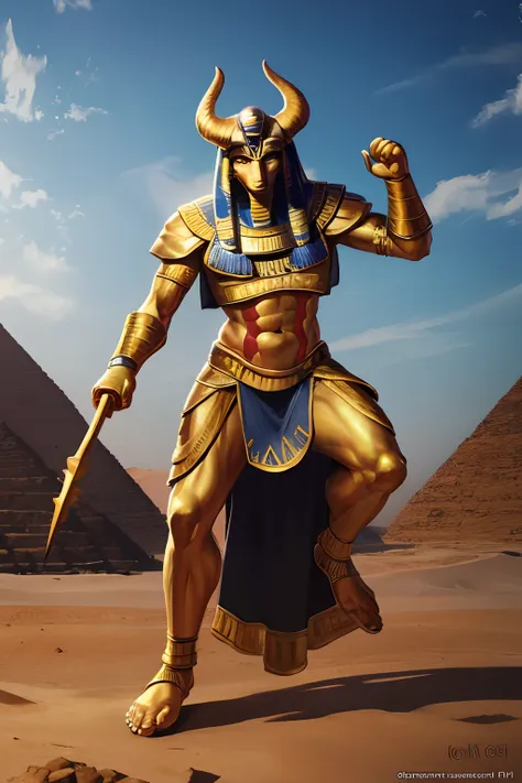 photo of Egyptian god Khnum , full body shot, action pose, looking at viewer, photo realistic, photo realism