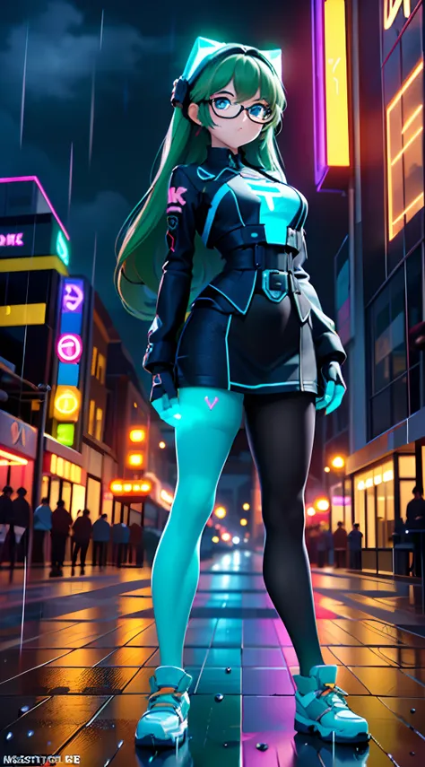 (Dynamic Angle:1.4), ((Full body posing:1.5), (Colorful:1.2), (Highly detailed CG Unity 16K wallpaper:1.1), (Denoising strength: 1.45), (tmasterpiece:1.37), ((Official art)), of the highest quality, (Realistic), Green Cyber Girl, cute expression, Super lon...