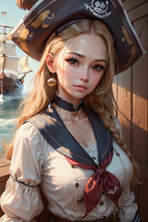 Portrait of a sailor woman in the pirate era、​masterpiece, top-quality, hightquality, hight resolution、beautiful countenance、(Lifelike face)、realisticeyes、beatiful detailed eyes、real looking skin、Beautiful skins、A hyper-realistic、ighly detailed、Body Portra...