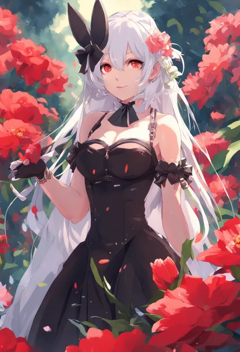 (Highly detailed), ((Masterpiece)),(Impasto), Intricate, Ecclesiastical painting,(((1 girl))) , picture frame, Fantasy ,(monochrome girl:1.5), (on a background of red flowers:1.5),nsfw, sexy bunny outfit,1girl, large breast, naked breast, solo, red eyes, g...