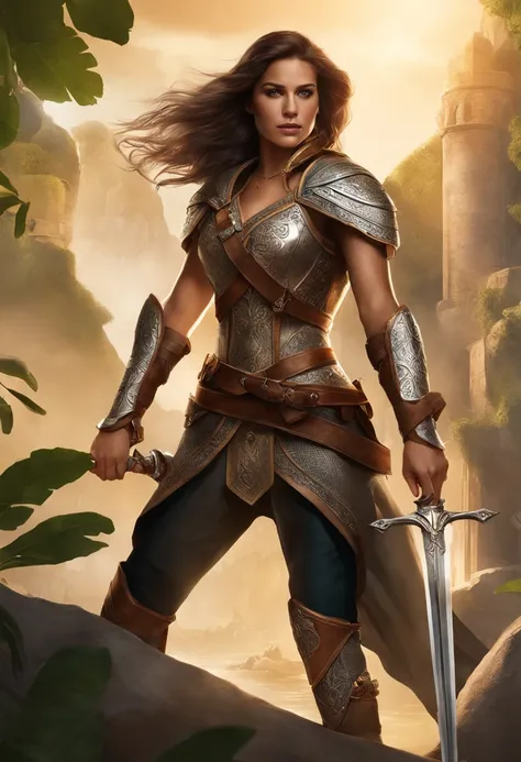 "Create a dynamic poster of a courageous treasure hunter in a fantasy setting. Sketch her confident pose with a raised sword, emphasize character details like short hair and determined expression, draw a substantial, battle-worn sword, craft a captivating ...