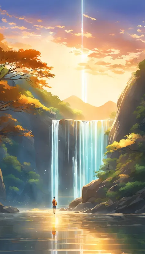 ((Golden carp))、Waterfall climbing、Shines、Its shiny、Background Golden Waterfall