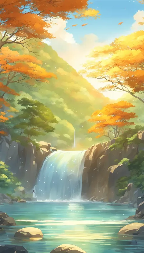 ((Golden carp))、Waterfall climbing、Shines、Its shiny、Background Golden Waterfall