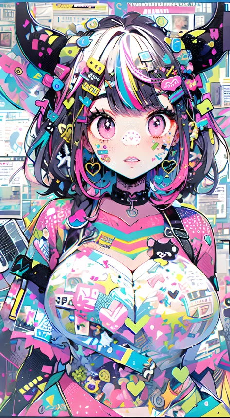 " black hair with rainbow streaks in it kawaii, cute, adorable woman with pink, black and rainbow color scheme. She is dressed in sky-themed clothes made out of clouds and sky motifs. Her outfit is fluffy and soft, with decora accessories like hairclips. S...