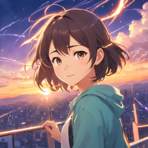 (foco no perfil)obra-prima, melhor qualidade, filme ainda, 1girl, garota nuvem, floating into the sky, close-up, brilhante, feliz, Soft lighting and Warm, sun sunset, (Sparks: 0,7)