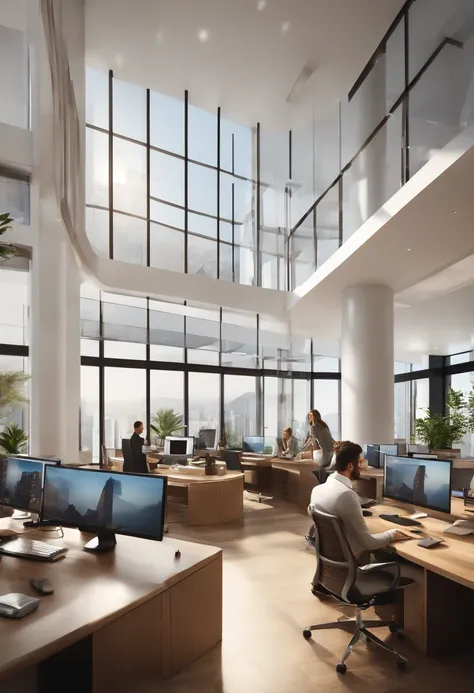 A realistic image of Brazilian realtors working excitedly in a modern office, com vista para a cidade. They are surrounded by computers and papers, all smiling as they close deals. The room is flooded with natural light, highlighting their expressions of j...