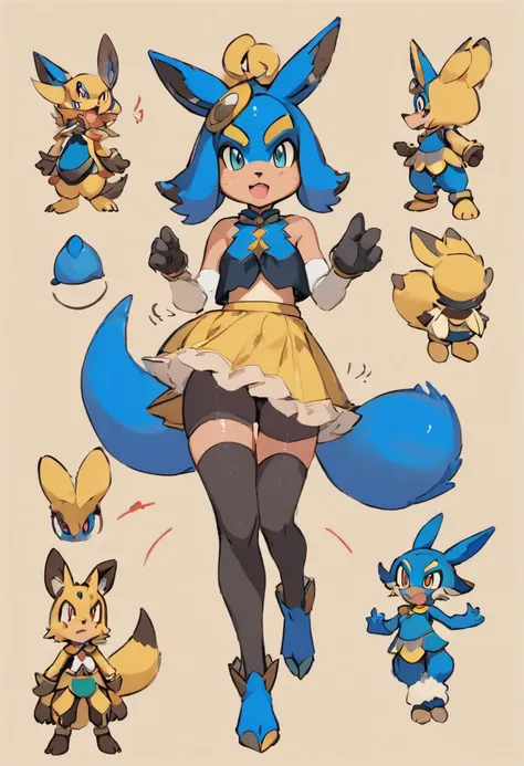 (((Lucario, Clonky, thigh highs, Skirt, croptop))), stretched clothes, Overweight:1.85, absurdres(highly detailed beautiful face and eyes)perfect anatomy, good lighting, cinematic shadow(kemono, furry anthro)assorted expressions, assorted poses, assorted a...