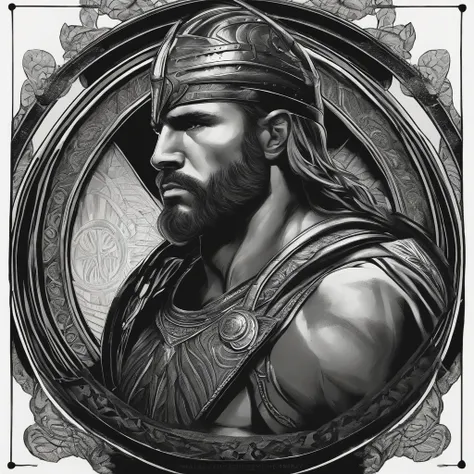 Best quality, Masterpiece, gladiator, shield, sketch, black work, side profile, muscular, epic, circle background