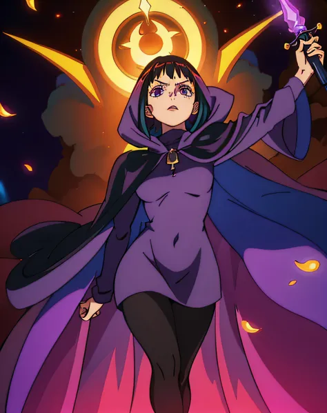 disdainful sorceress. bindi. short black hair. purple hood up. purple cape. black turtleneck dress. light gray pantyhose. perfor...