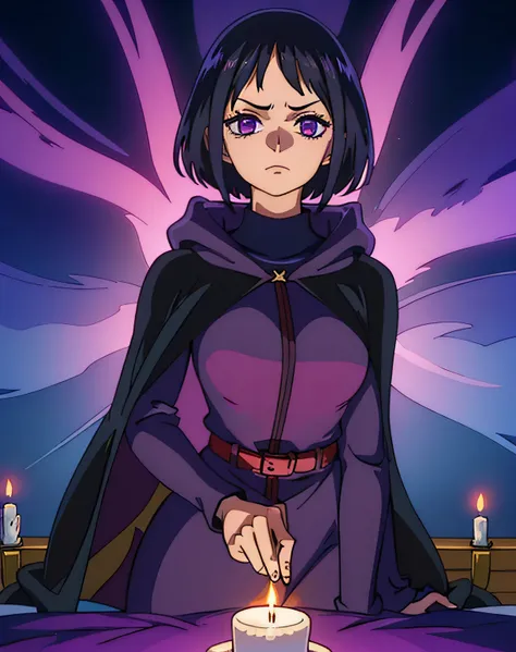 disdainful sorceress. bindi. short black hair. purple hood up. purple cape. black turtleneck dress. light gray pantyhose. perfor...