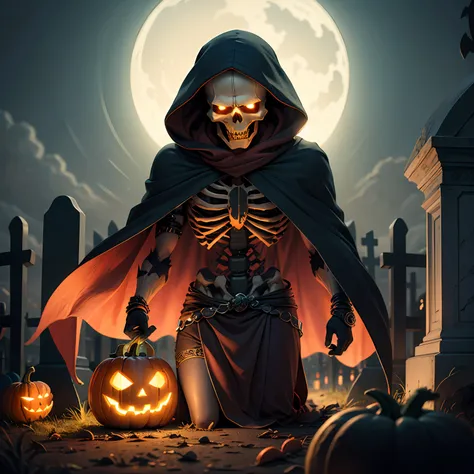 Pumpkin head with red cloaked skeleton body and thorn bracelets in a cemetery at night --auto