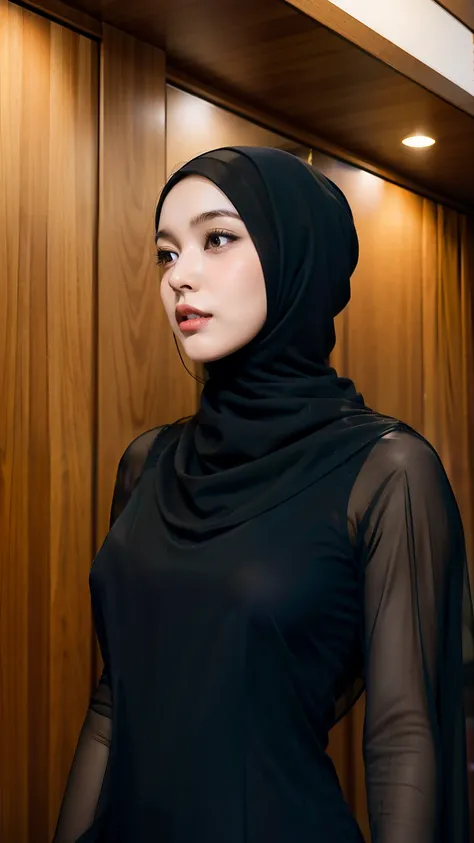 Woman in hijab. See through abaya. Abaya can see the inside of the user body. See through.