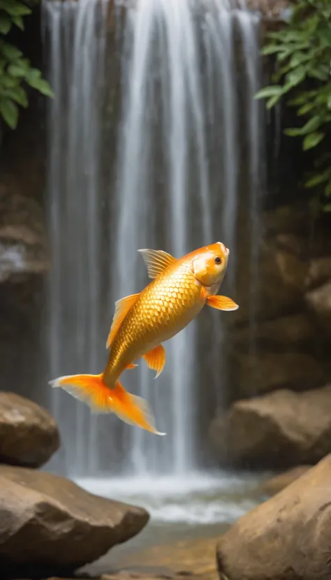 8K.Golden carp、(Background Golden Waterfall)、Climb the waterfall、(Carp up)、Beautiful fece、1animal