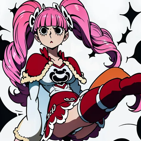 PeronaChan, 1girl, pink hair, black eyes, blunt bangs, drill hair, red lipstick, twintails, crown, black and white stockings, red boots, red capelet, white shirt with sleeves, red skirt, perfect anatomy, solo