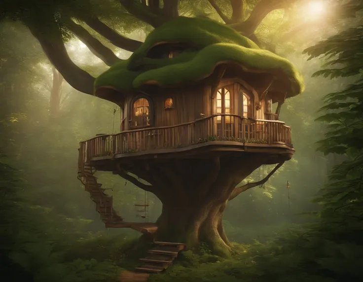 In the lush green forest, a whimsical treehouse inspired by the Teletubbies stands tall. Its vibrant colors and unique design make it a focal point in the middle of the deciduous forest. The treehouse is adorned with intricate details, with each corner fil...