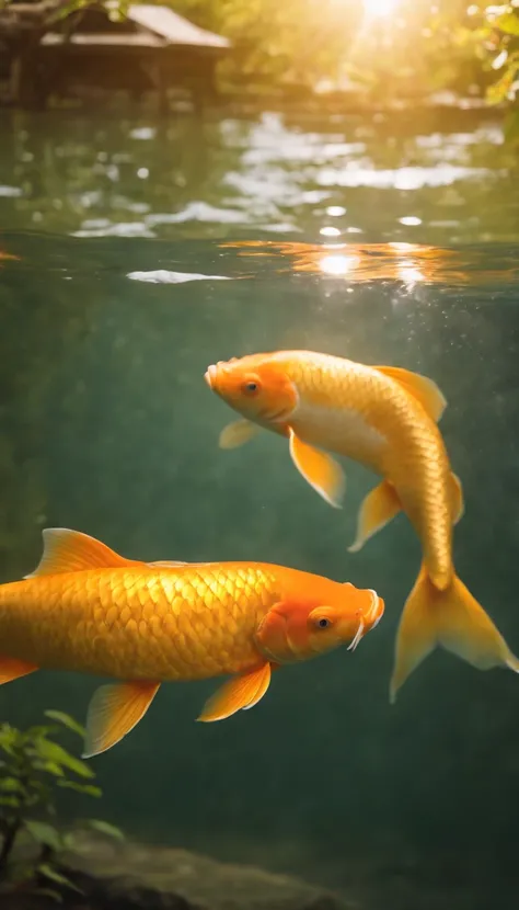 8K.Golden carp、(Golden Koi Camera Workup)、Beautiful fece、1 golden carp、Sunlight illuminates、Golden River、