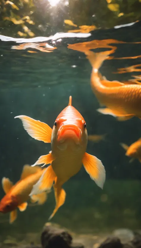 8K.Golden carp、(Golden Koi Camera Workup)、Beautiful fece、1 golden carp、Sunlight illuminates、Golden River、