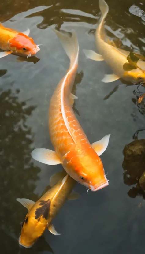 8K.Golden carp、(Golden Koi Camera Workup)、Beautiful fece、1 golden carp、Sunlight illuminates、Golden River、